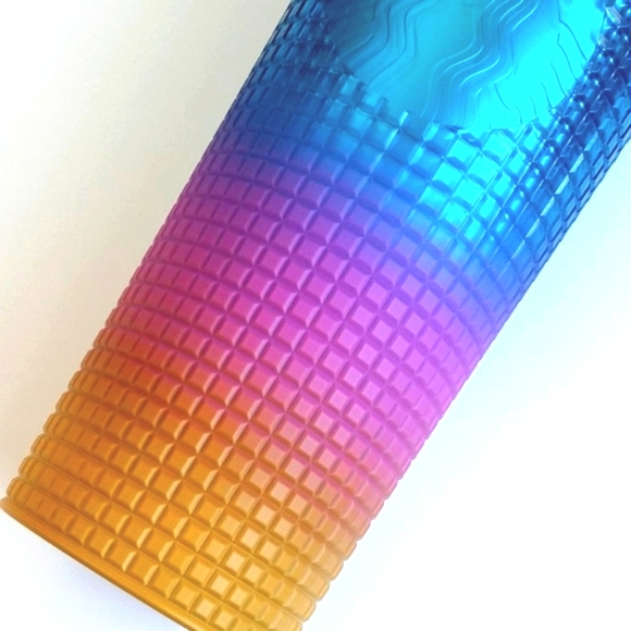 Starbucks Ombre Blue Mustard Pink Grid 24 oz Cold Cup Tumbler w Lid & Straw NWT - Picture 5 of 14